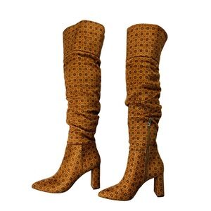 Jessica Simpson Floral Patterned Over Knee High Heel Boots Chunky Heel Size 10